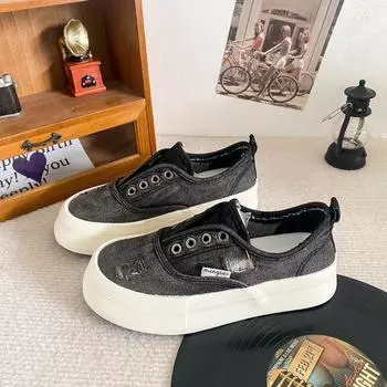 6536 latex insole/elastic band thick sole round head lazy shoes women s denim summer breathable board shoes canvas shoes 35