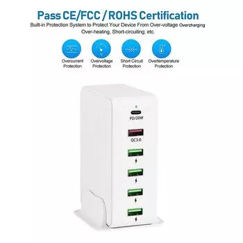 65 Вт 6-портовая зарядная станция USB C Многопортовый концентратор Портативное зарядное устройство PD3.0 и QC3.0 Fast USB C UK Plug