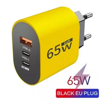 65 Вт GaN USB C PD зарядное устройство быстрая зарядка быстрое зарядное устройство мобильный телефон адаптер питания для iPhone 14 15 16 Pro Xiaomi Samsung Oneplus EU Yellow