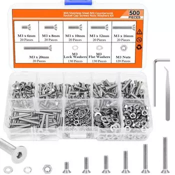 660/500 шт. винт с шестигранной головкой и цилиндрической головкой, набор с плоской эластичной шайбой, M3 шестигранный винт 500pcs912
