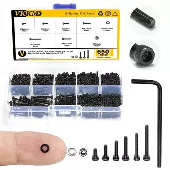 660 метрических винтов с шестигранным углублением под ключ M2 черного цвета, легированная сталь марки 12.9, комплект шайб с метрической шестигранной гайкой