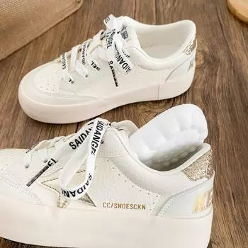 6612 latex insole/star thick-soled round head white shoes women s shoes board shoes lightweight German training shoes 2025 new models 35 бежевый