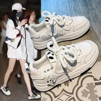 6655 students new foot-showing small women s shoes fashion lace-up cute panda board shoes leather surface four seasons simple white shoes 35