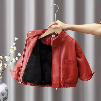 6675 Красная кожаная куртка для мальчиков: 2024 Детская плюшевая, толстая зимняя праздничная куртка с воротником-стойкой 120 cm чёрный