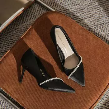 6681-17A French temperament pearl high heels women s satin new wedding banquet women s single shoes 34 чёрный