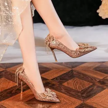 6681A-099 Bow rhinestone fringed sequins wedding banquet cross-border high heels temperament women s shoes 34