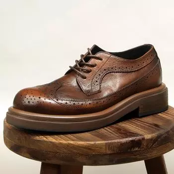 66-1 Brock Carved Мужские туфли Британская мода Повседневная кожаная обувь Первый слой коровьей кожи Ретро обувь ручной работы Старинные туфли на платформе 38 чёрный