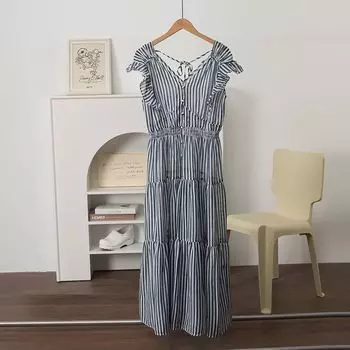 [66 Preferred] 39% Lyocell Fiber | V Neck Short Sleeve Slightly Transparent Fitted Waist Striped Dress Female Dress Green and white stripes L