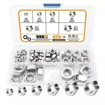 66 шт. шестигранных гаек M4 M5 M6 M8 M10 M12, метрические, нержавеющая сталь 304, 6 размеров, шестигранные гайки с крупной резьбой