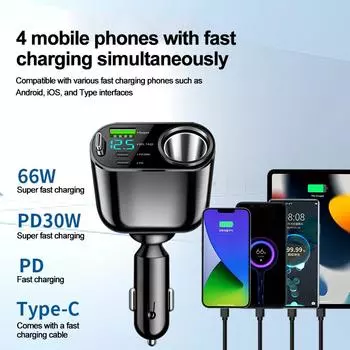 66 Вт 5 в 1 USB автомобильное зарядное устройство QC 3.0 быстрая зарядка PD Type C автомобильный прикуриватель разветвитель для iPhone Huawei Sumsung Xiaomi LED чёрный