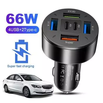 66 Вт 6-портовый автомобильный зарядный адаптер 12-24 В QC3.0 PD Type C зарядное устройство для мобильного телефона USB A+USB C для iPhone 15 14 Xiaomi Huawei Samsung CHINA