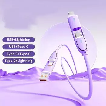 66 Вт кабель для зарядки четыре в одном Pd Liquid Tablet Flash Charge подходит для Apple, Huawei, Xiaomi кабель для быстрой зарядки данных 1m лавандовый