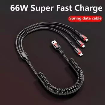 66 Вт многофункциональный телескопический кабель для передачи данных One Drag Three, подходящий для Apple Android Type-C, кабель для передачи данных Three In One, USB-кабель с пружинным телескопическим кабелем 120 см 1M чёрный