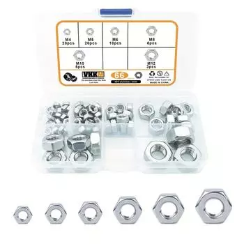 66Pcs 304 Stainless Steel Hex Nuts - 6 Sizes (M4 - M12), Coarse Thread