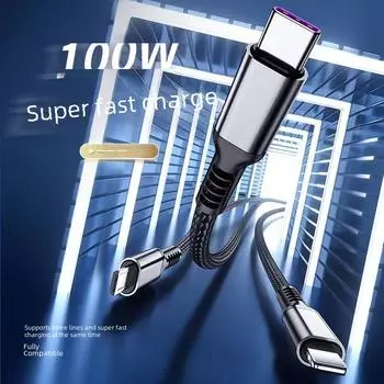 66W 3-in-1 Fast Charge USB-C To Lightning Cable for Android & Apple Devices 1 meter, 66W, red and black one to three