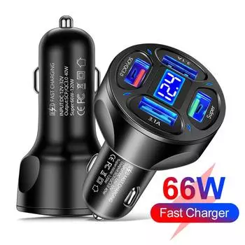 66W 4 USB Car Charger QC 3.0 Fast Charging Auto Mobile Phone Adapter with Voltage Display For iPhone Samsung Huawei Xiaomi чёрный