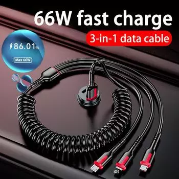 66W 6A 3 в 1 Кабель для быстрой зарядки данных Micro USB IOS Type C Пружинный кабель Автомобильный кабель для зарядного устройства телефона для Huawei Xiaomi Samsung iPhone