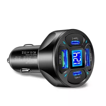 66W Cigarette Lighter Adapter PD QC3.0 4 Ports Car Phone Charger LED Digital Display Car Charger Adapter for iPhone 13 14 Xiaomi чёрный