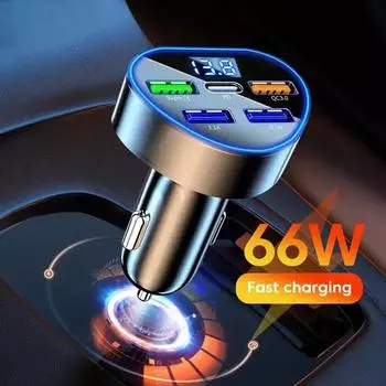 66W PD Car Charger QC3.0 Fast Charging Car Cigarette Lighter Plug Car Charger with Digital Display for Samsung Huawei iphone
