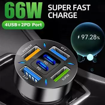 66W QC3.0 Car Charger Dual PD Quick Charge 6-Port Phone Charger Cigarette Lighter Adapter Socket Power for iPhone Xiaomi Samsung
