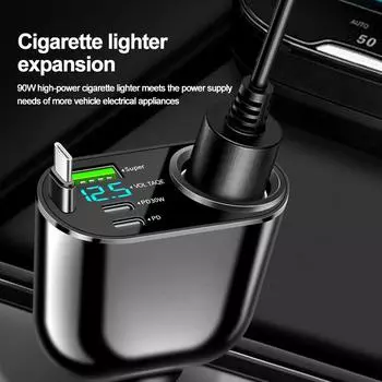 66W QC3.0 PD Car Cigarette Lighter Adapter with Type C fast Charging Cable 12V-24V Car Charger for iPhone Samsung Xiaomi