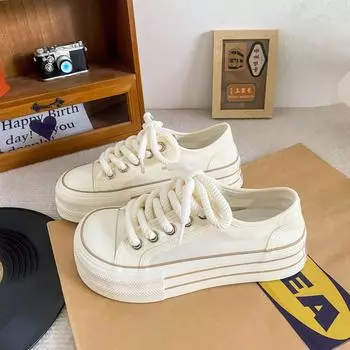 6733 Две пары шнурков/латексных стелек, парусиновые туфли с толстой подошвой и большим носом, женские летние тонкие туфли для доски, популярные маленькие белые туфли 35 чёрный