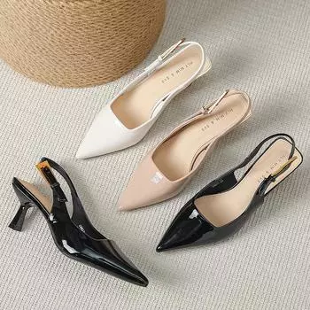 6832-68 Spring and summer new buckle with bag head sandals nude pointed thin heel light mouth high heel bag head single shoes women 34 чёрный