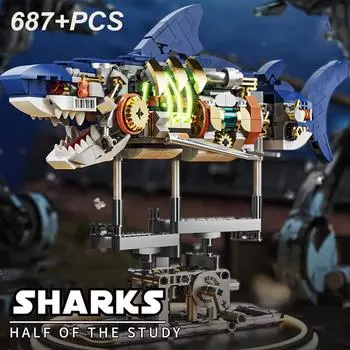 687 шт., механические строительные блоки в виде акулы, суставы морских животных, подвижная модель, кирпичи, креативное украшение для рабочего стола, детские игрушки «сделай сам», подарки With Box синий/белый