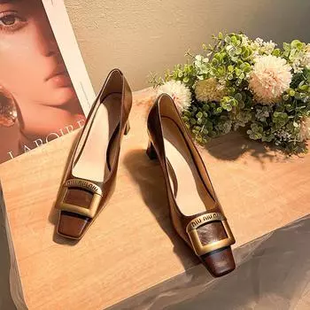 6888-3 Французские туфли на высоком каблуке с квадратным носком, женская мода, для работы, темпераментные, с открытым вырезом, на толстом каблуке, одинарные туфли, металлическая квадратная пряжка, туфли на высоком каблуке 34