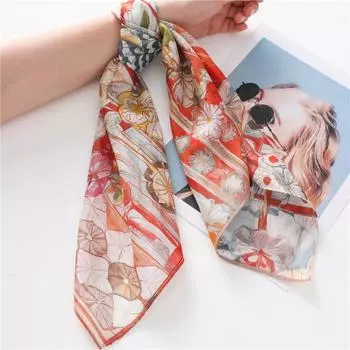 68*68cm 30% Silk + 70% Cotton Scarf Romantic Floral Square Shawl Women Summer Head Wrap & Neck Scarf Light Luxury Gift 68*68CM