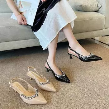 693-2 temperament high heels 2025 new spring and autumn French thin heel pointed one word beautiful bag head sandals women 35 чёрный
