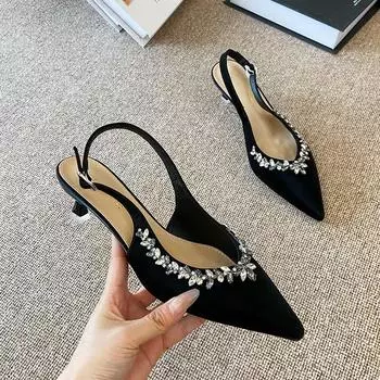 693-5 One-word sandals women s French 2025 summer new versatile women s pointed sexy rhinestone versatile shoes women 35 чёрный