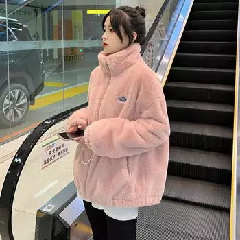 696 #[300 г имитация овечьей шерсти] Новое пальто из овечьей шерсти для женщин, зимняя мода, утолщенная плюшевая студенческая хлопковая одежда M белый
