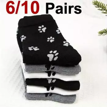 6/10 пар женских носков с круглым вырезом и принтом собачьих когтей, милый мультяшный рисунок, удобные, впитывающие пот, дышащие, повседневные носки One Size