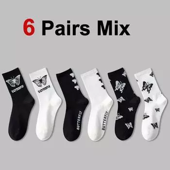 6/12 пар женских носков средней длины с принтом бабочек, модные уличные удобные потопоглощающие дышащие повседневные носки One Size