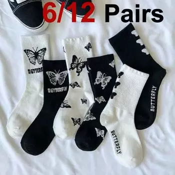 6/12 пар женских носков средней длины с принтом бабочек, модные уличные удобные потопоглощающие дышащие повседневные носки One Size