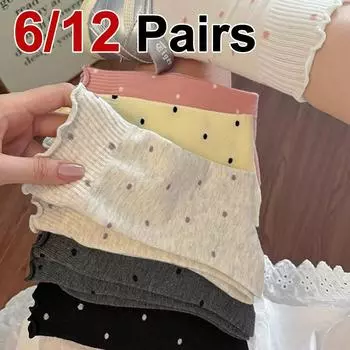 6/12 пар женских носков средней длины с цветочным узором, модные носки в горошек, мягкие, удобные, впитывающие пот, дышащие, повседневные носки One Size