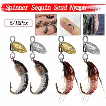 6/12 шт. блесна Sequin Scud Nymph Scud Lure Fly для ловли форели Искусственная насекомая приманка Имитация червя Scud Реалистичная рыболовная приманка 6Pcs чёрный