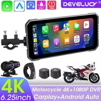 6,25-дюймовый 4K+1080P DVR мотоцикл GPS навигация беспроводной CarPlay Android Auto IPX7 водонепроницаемый экран Bluetooth двойной объектив Moto