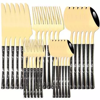 6/30 шт., набор столовых приборов из нержавеющей стали черного золота, посуда с мраморной текстурой, столовые приборы, столовая посуда, нож, вилка, чайная ложка, набор столовых приборов чёрный/серебряный