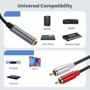 6,35 мм на 2 RCA Y-образный разветвительный кабель, позолоченный 6,35 мм (1/4 дюйма) Адаптер-удлинитель стерео Y-разветвитель «мама» на 2 RCA «папа» A