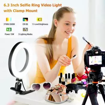 6,3-дюймовый кольцевой светильник для видеосъемки 2700K-5500K с креплением-зажимом, 3 регулируемых цвета, 11 уровней яркости With tabletop tripod чёрный