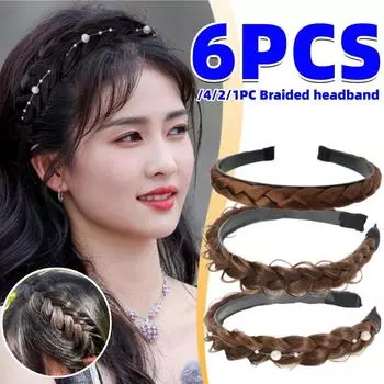 6/4/2/1 шт. плетеные повязки на голову с широкими косами из рыбьей кости, жемчужные ленты для волос, обруч ручной работы, головные уборы для укладки волос, аксессуары, подарок для женщин и девочек A чёрный