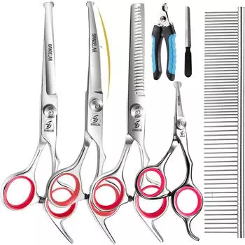 6,5-дюймовые ножницы для ухода за домашними животными Sangelar, набор прямых ножниц, защита лезвия с собачьими когтями, подходят для плюшевых кошек Full Kits серебряный