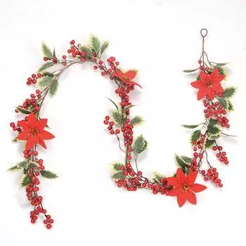 6,5 футов Рождественская гирлянда из ягод падуба Зимняя искусственная зеленая гирлянда с красными ягодами и падубом