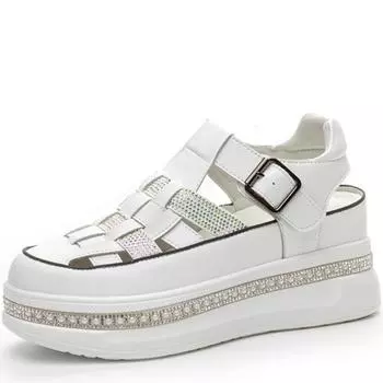 6,5 см плетение натуральная кожа сапоги удобные блестящие летние платформы танкетка полые балетки дышащие сандалии женские тапочки обувь 34 белый