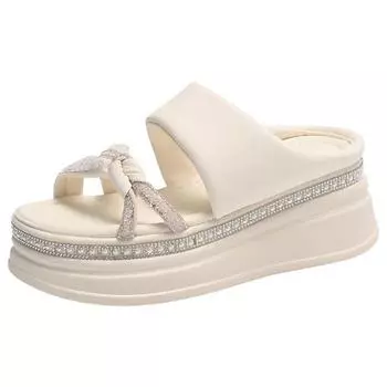 6.5CM Summer New Women s Platform Slippers Wedge Heel Round Head Hollow Woven Fresh Water Display High Fashion Soft Beach Shoes 34 бежевый