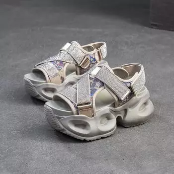 6.5CM Synthetic Leather Summer Bling Mixed Color Fsahion Peep Toe Hollow Platform Wedge Chunky Sneaker Women Comfy Shoes 35