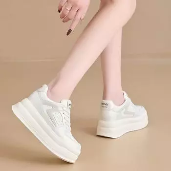 6.5см Микрофибра Кожа Массивные Кроссовки Плоские Весна Вулканизированные Женские Высокая Мода Осень Повседневные Туфли на Платформе и Танкетке 34 белый