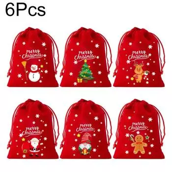 6/8/12 шт. Бархатные подарочные мешочки с мультяшным рисунком 2025 на завязках для вечеринок, красные, зеленые, рождественские пакеты для конфет, упаковочные мешки